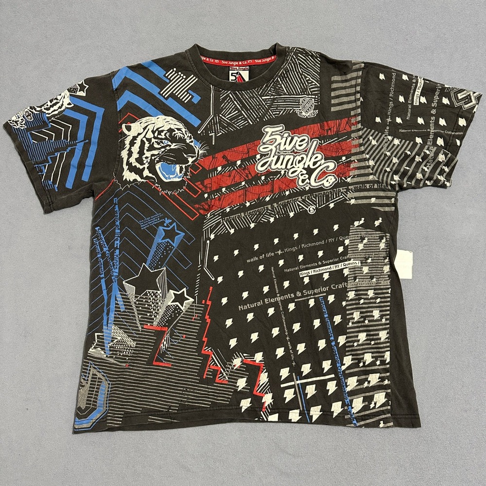 5ive Jungle All Over Print Tiger Graphic T-Shirt Y2K Streetwear Gray Mens XL